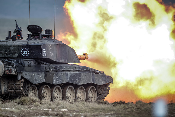 A challenger 2 main battle tank fires on salisbury plain